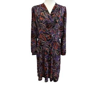 VTG L John Roberts Floral Faux‎ Wrap Dress Long Sleeve V-Neck Purple Red Black